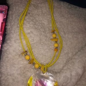 Yellow and Pink Multi-Strand Necklace with Glass Pendant